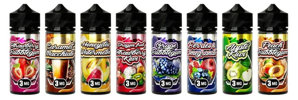 Бутылки жидкостей для вейпа Marvellous Brew с различными вкусами: Strawberry Bubblegum, Caramel Macchiato, Honeydew Watermelon, Dragon Fruit Strawberry Kiwi, Grape Bubblegum, Berries & Pomegranate, Apple Kiwi, Peach Bubblegum